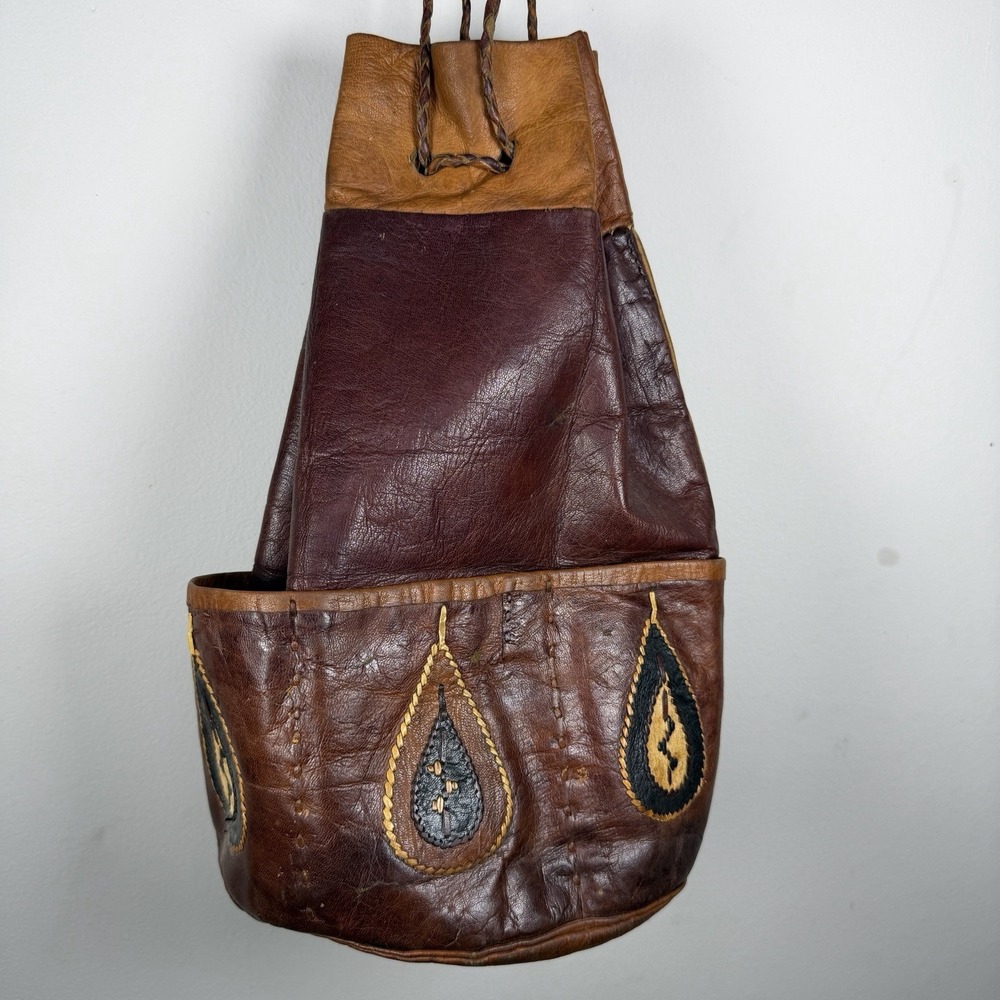 VTG Moroccan brown leather bucket bag handcrafted art BOHO Pocket Diamond 14.5x8